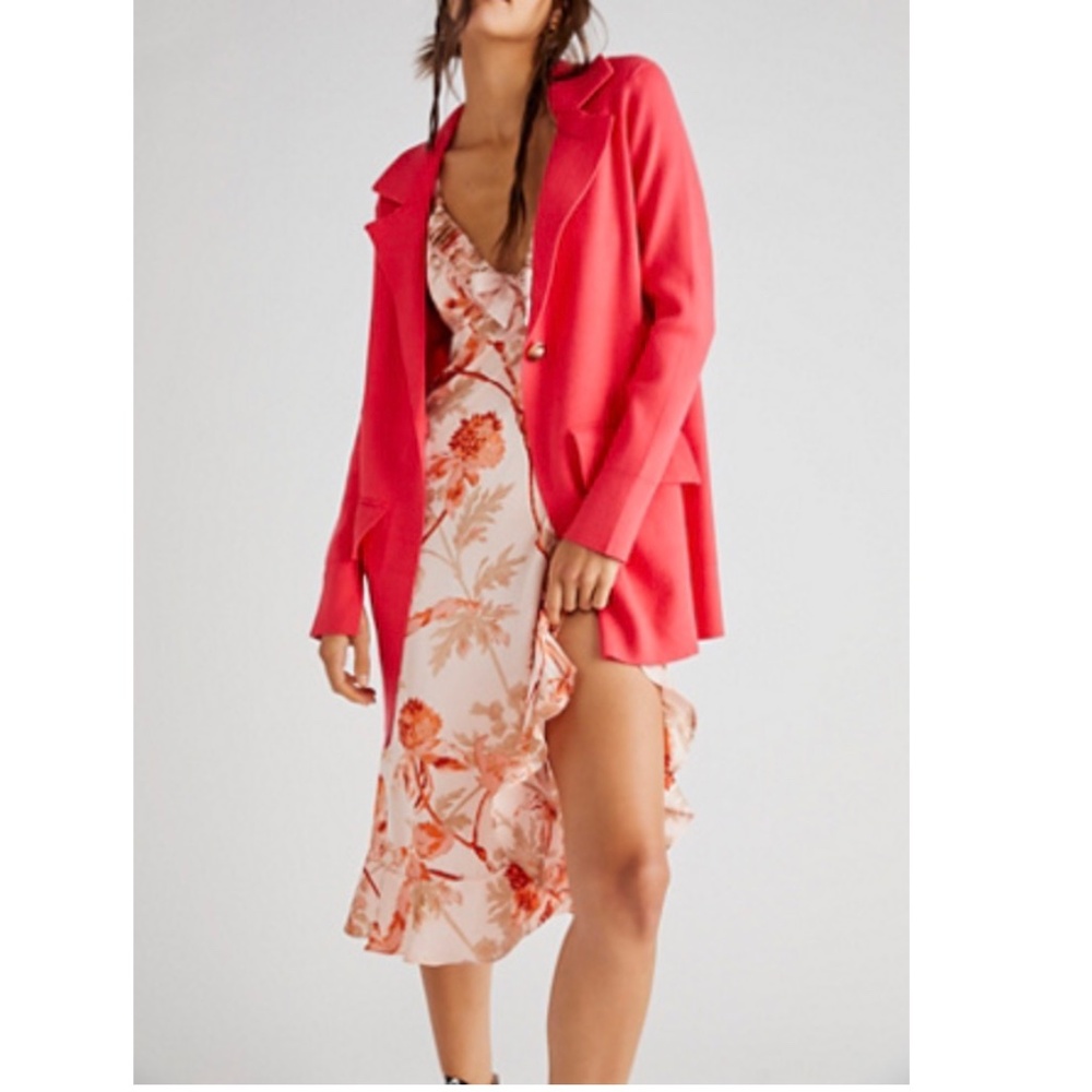 Free People Sarah Pink Rose Sweater Longline Blazer Cardigan Ribbed Knit LARGE